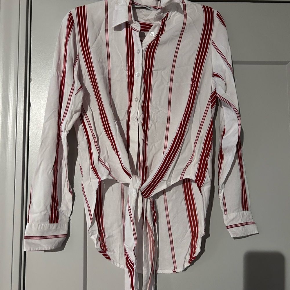 Faithfull The Brand Tie Front Red White Striped Button Down Cotton Shirt 8